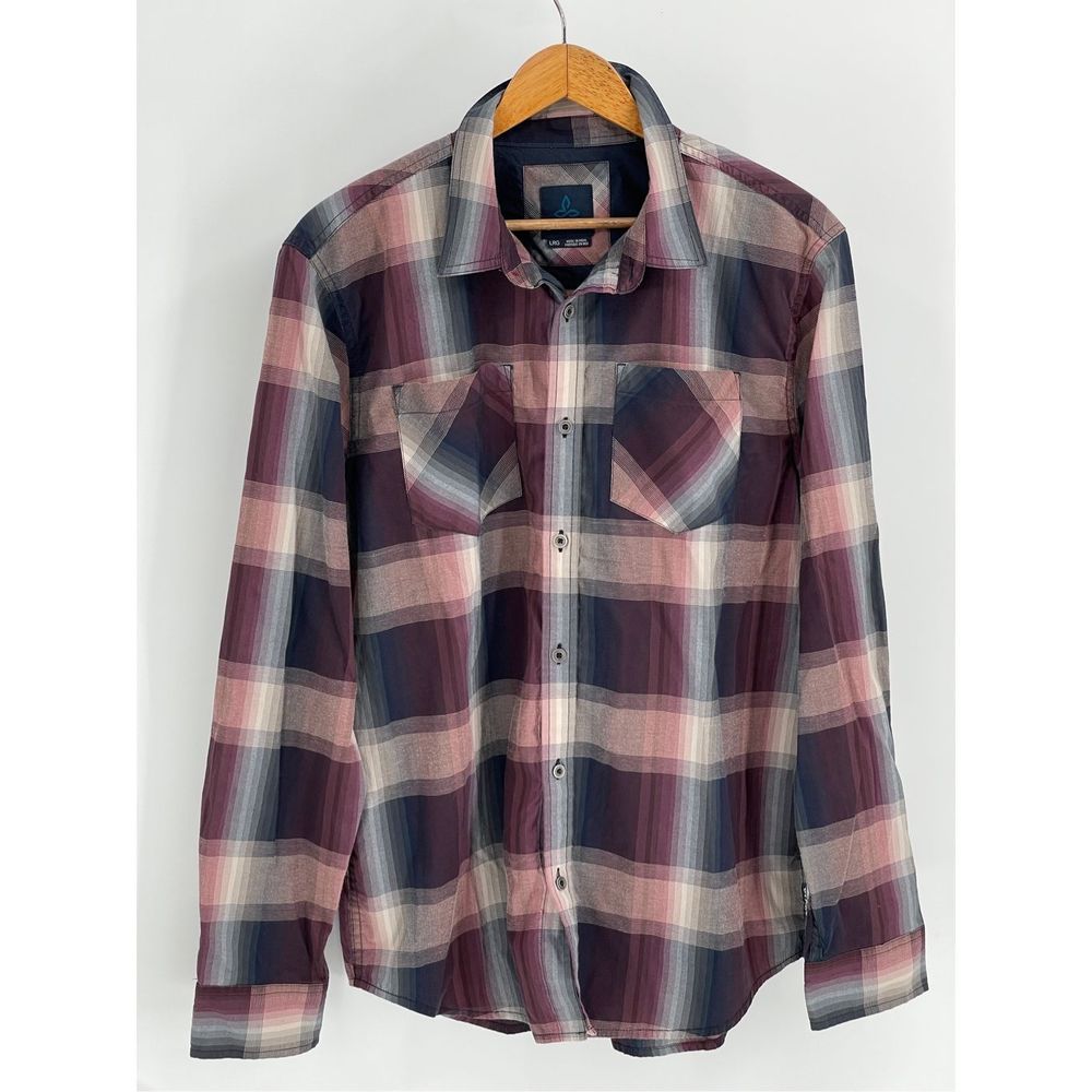 Prana Button Down Shirt Men’s Large Plaid Long Sleeve Red Black Gray Long Sleeve